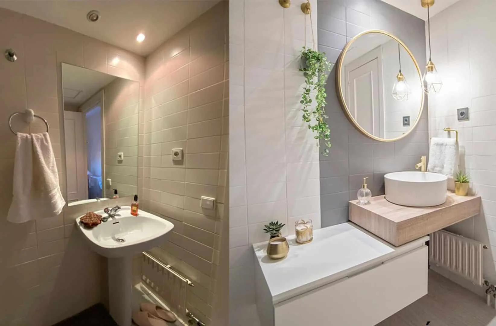 Baño pequeño reformado con pared gris, espejo redondo dorado y encimera de madera con lavabo sobre encimera
