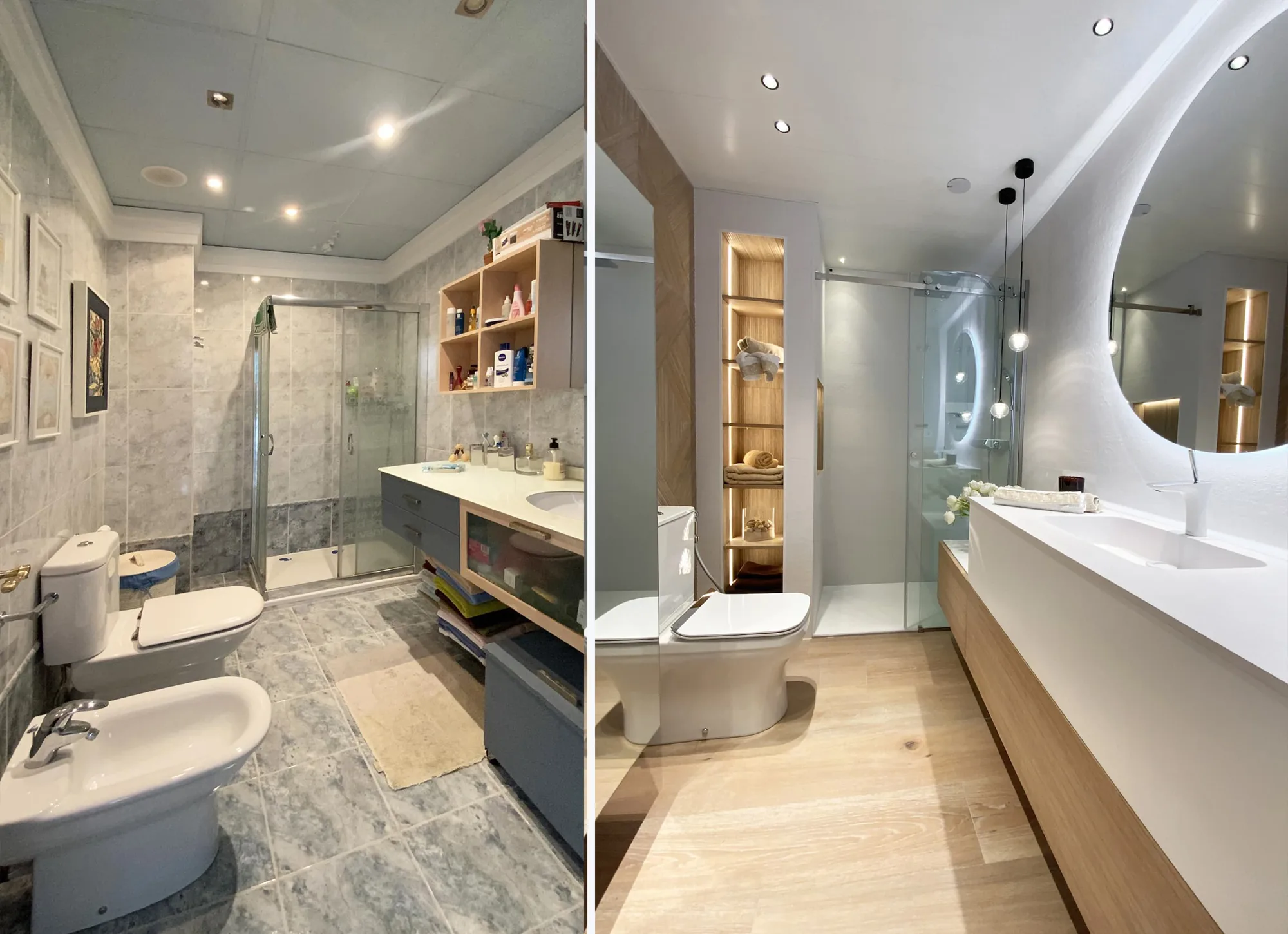 Baño amplio reformado en Alicante: de suelo de piedra gris y bidé a suelo de madera, ducha de obra y espejo circular retroiluminado