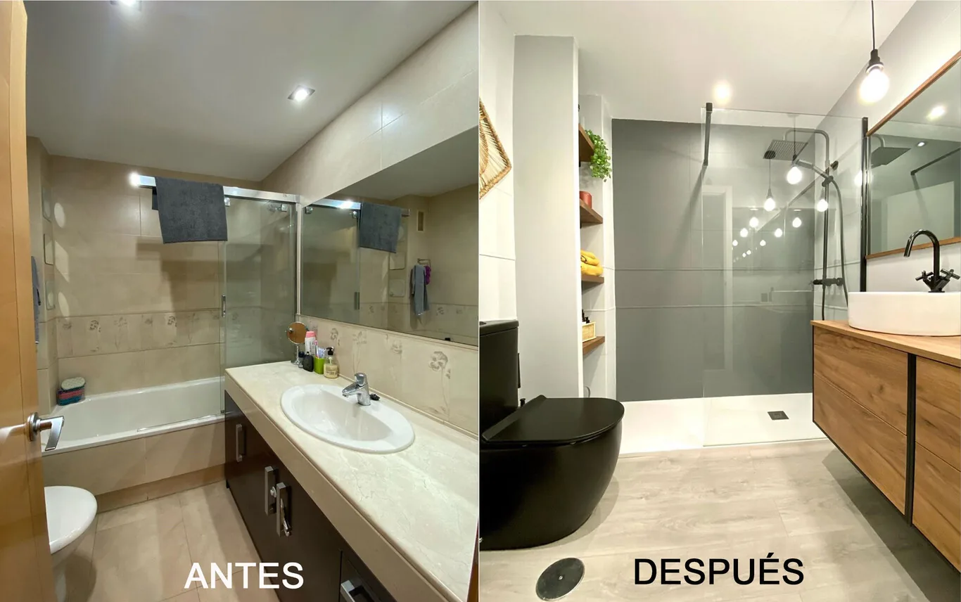 Cambio de bañera por ducha de obra con mampara de perfil negro y mueble de madera suspendido