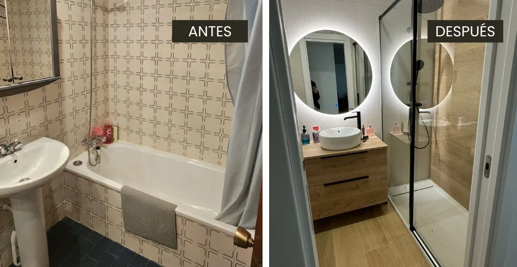 Baño con azulejo antiguo transformado en ducha con plato extraplano, mueble de roble y espejos redondos con luz