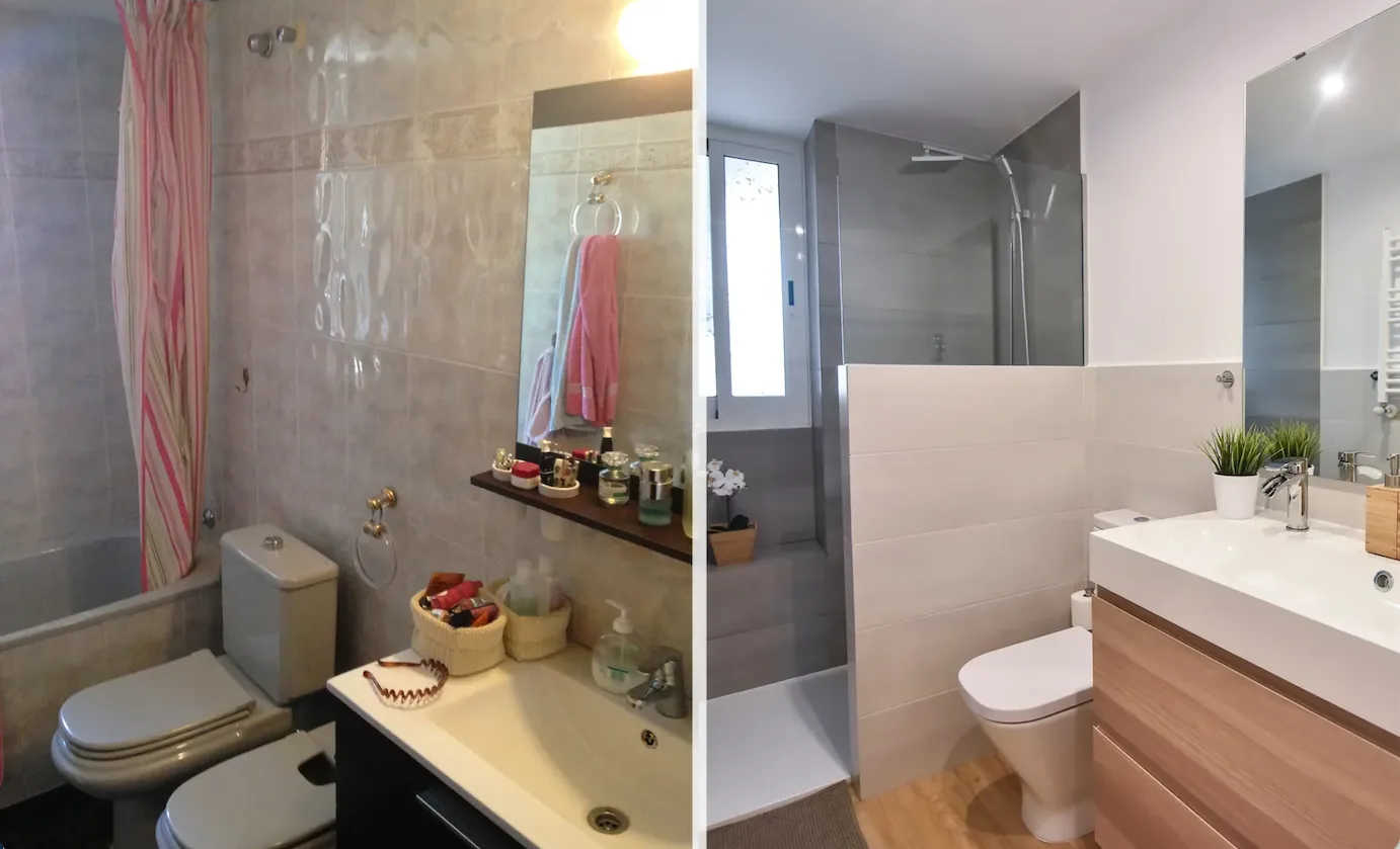 Baño con bañera y cortina sustituido por ducha con mampara fija y mueble de dos senos