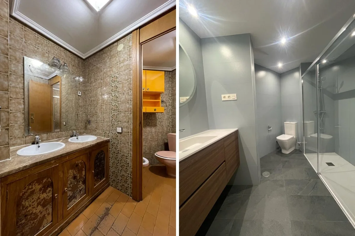 Ba&ntilde;o de los a&ntilde;os 70 con azulejo marr&oacute;n, encimera de m&aacute;rmol y sanitarios rosas transformado en ba&ntilde;o gris con suelo de pizarra, mueble de nogal suspendido y ducha con mampara de cristal