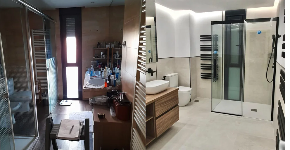 Ba&ntilde;o antiguo con mampara de vidrio impreso y mueble de madera oscura reformado en ba&ntilde;o claro con radiador toallero negro, lavabo sobre encimera y ducha con mampara corredera de perfil negro